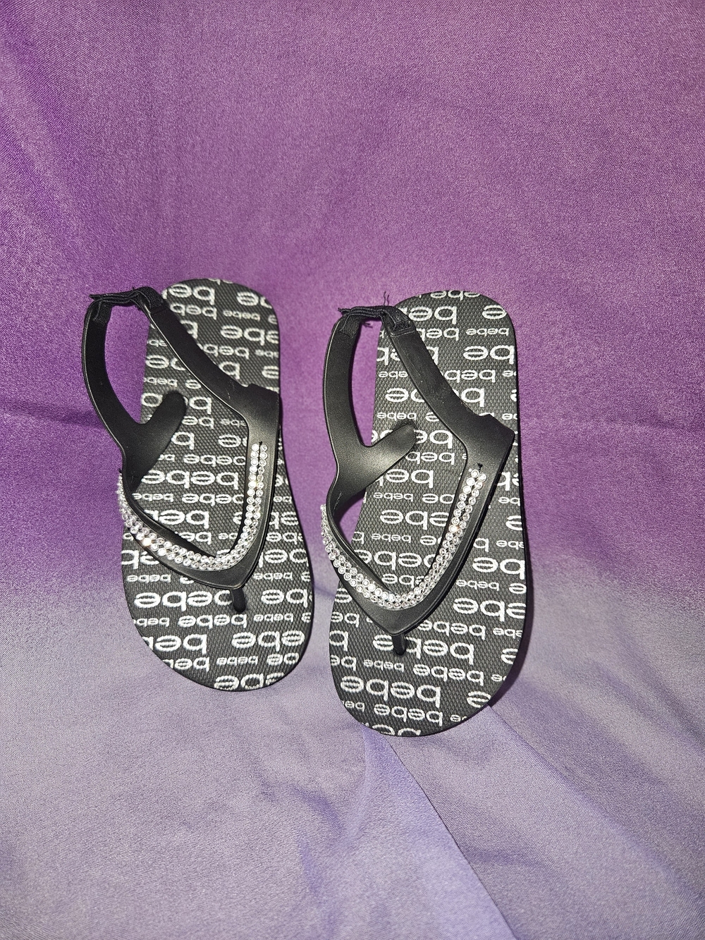 Bebe Black Logo Flip Flops with Rhinestone Straps